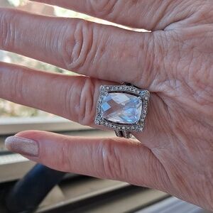 💎💗Vintage 925 Stamped Silver Mirror Rock Crystal Large Cushion Stone Ring Sz 7